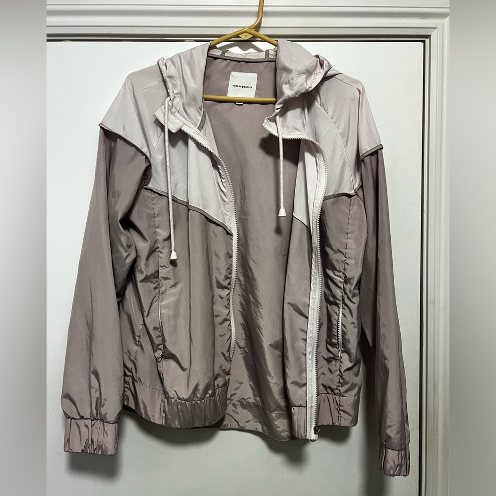 Thread & Supply adorable light purple and white hooded windbreaker jacket
